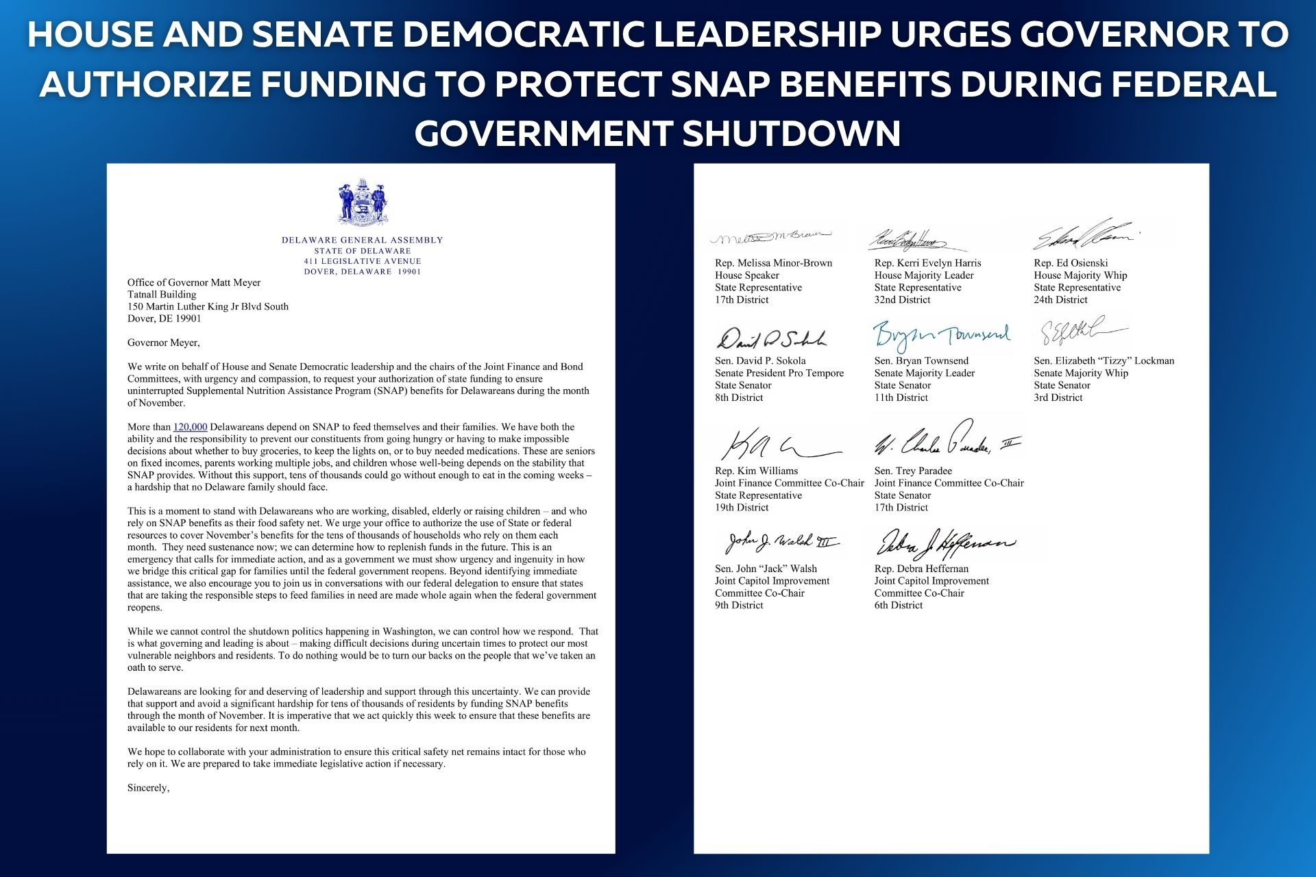 Democratic Leadership Urges Governor to Authorize Funding to Protect SNAP Benefits During Federal Government Shutdown